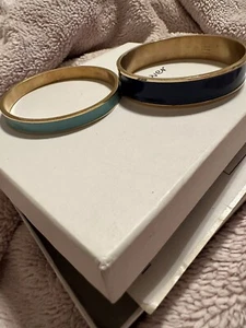 QVC NIB Susan Graver Set Of 2 Gold Tone Enamel Bangle Bracelets Mint & Navy Blue - Picture 1 of 4