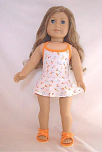 White Swimsuit with Small Orange Flowers Fits 18 inch American Girl Dolls - Picture 1 of 1