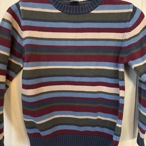 Gymboree Boys M Navy Blue Green Tan Striped Crew Neck Sweater Long Sleeve Fall - Picture 1 of 9