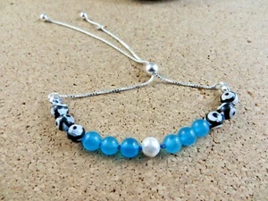 New Blue Topaz & Tibetan DZI Agate Sterling Silver Box Chain Bolo Bracelet #874 - Picture 1 of 11