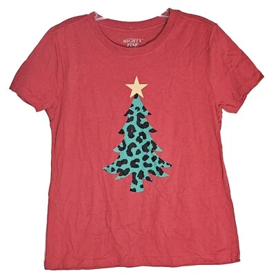 Mighty Fine Top 女式小号红色圣诞树豹纹短袖衬衫全新 S — 第 1/4 张图片