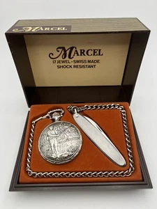 Marcel Vintage 17 Jewels Mechanical Pocket Watch Knife Fishing Scene - Picture 1 of 8