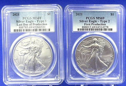 2 COIN SET 2021 $1 American Silver Eagle Dollar PCGS MS69 TYPE 1 &2 FIRST & LAST Cover