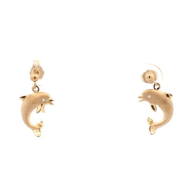14KT. Серьги из желтого золота с дельфинами и бриллиантами (Denny Wong) - Изображение 1 из 4