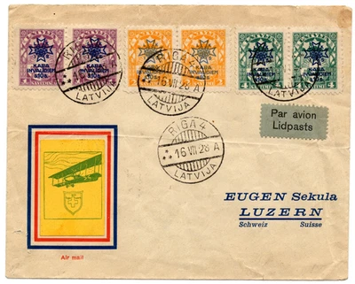 CAPA CORREIO AÉREO LETÔNIA 1928 1º VOO SUÍÇA - Imagem 1 de 2