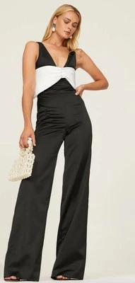 Alexis S 码 Marinna 连身裤黑色白色对比蝴蝶结 V 领无袖 — 第 1/4 张图片