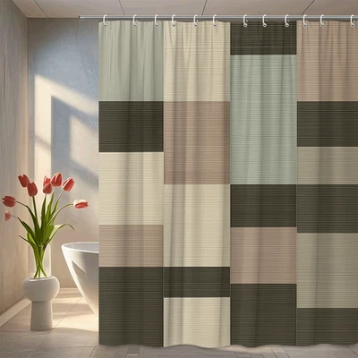 Cortina de ducha moderna a rayas en beige y verde para baños elegantes Foto 1 de 4