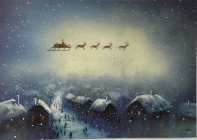 Papyrus- Christmas- Santa & Sleigh Flying In Night Sky Over Town- Foil Snow - Image 1 of 2