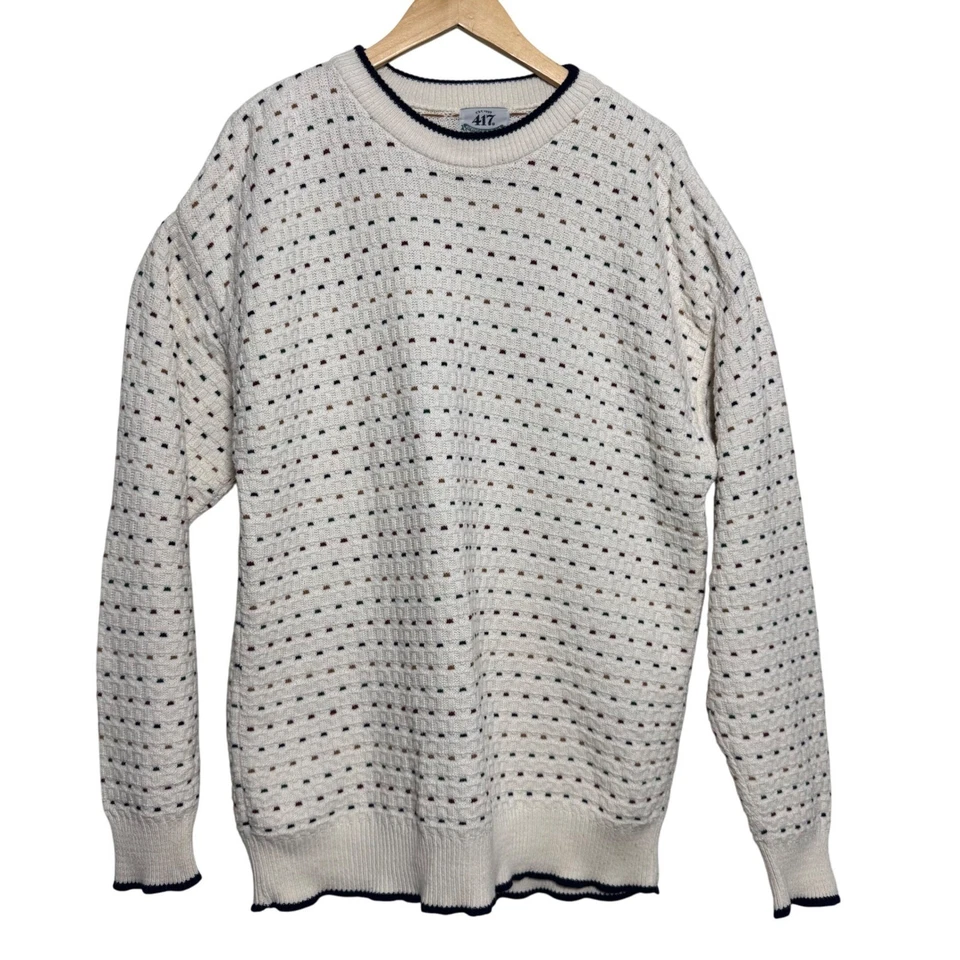 VTG Sweater Van Heusen 417 Large Chunky Grandpa Crewneck Cotton Cream - Image 1 of 4