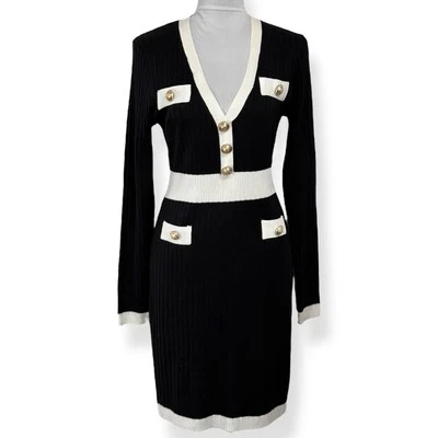 Cato Ribbed Knit Blazer Dress Size M Black White Colorblock Gold Button Sweater - Image 1 of 4