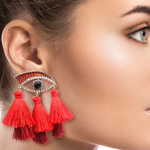 Red Evil Eye Tassel Earrings - Picture 1 of 4