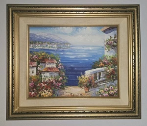 Vintage 1970s Mediterranean Seascape Oil Painting • Gold Guilt Framed 15"X13" - Picture 1 of 17