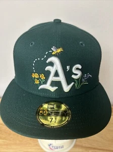 New Era 59Fifty Hat Cap Oakland Athletics Green Bee Flowers Fitted 7 1/8 - Picture 1 of 11