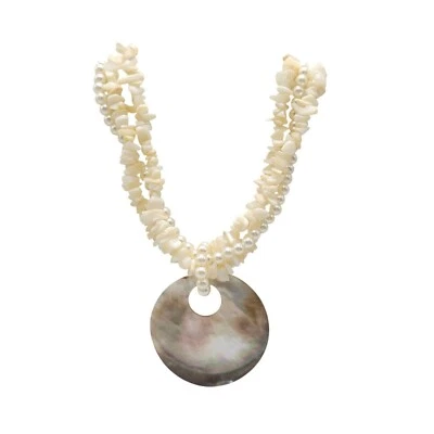 Natural Shell Faux Pearl Multi-Strand Necklace With Round Shell Pendant - Image 1 of 4