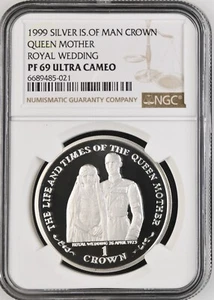 1999 ISLE OF MAN SILVER 1 CROWN QUEEN MOTHER ROYAL WEDDING- NGC PF69 ULTRA CAMEO - Picture 1 of 2