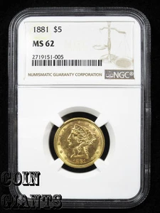 1881 88/88 $5 FS-305 Five Dollar Gold NGC MS 62 Half Eagle Liberty Head Coin - Picture 1 of 5
