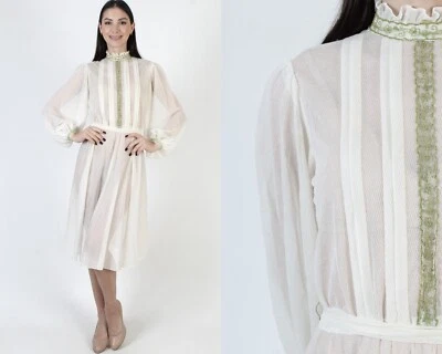 Vintage Poet Bell Sleeve Dress Pleated Sheer Victorian See Through Wedding Midi - Image 1 of 4
