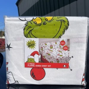 The Grinch Dr Seuss and Max 4 Piece Flannel Christmas Holiday Queen Sheet Set - Picture 1 of 3