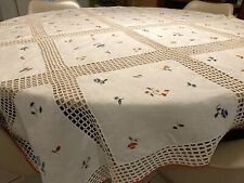 Unique Vintage Boho White Floral Embroidered  Cutout Tablecloth 52”x52”
