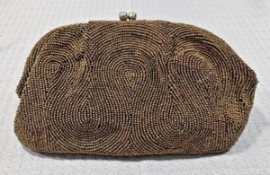 Vintage Japan Miranda Copper Beaded Clutch EveningBag Rhinestone Kiss Lock Close - Picture 1 of 13