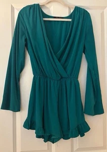 Women’s Satin Romper V-neck Long sleeve Shorts Set Romper Teal Sz Small Honey Pu - Picture 1 of 3