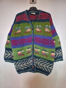 Pachamama Vintage 90s Colorful Folk Oversized Wool Cardigan Handmade Ecuador OS - Picture 1 of 9