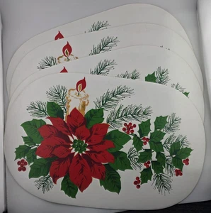 Vtg set of 4 vinyl Christmas placemats - Oval poinsettias 17.5in x 11.5in - Picture 1 of 3