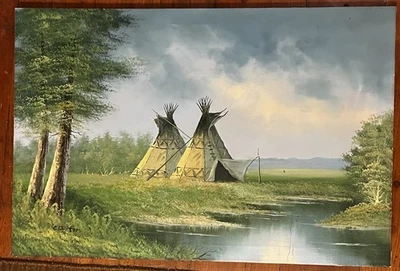 "Pintura vintage de tipi nativo de América 24"" X 36"" lienzo al óleo firmado Clayton" Foto 1 de 4