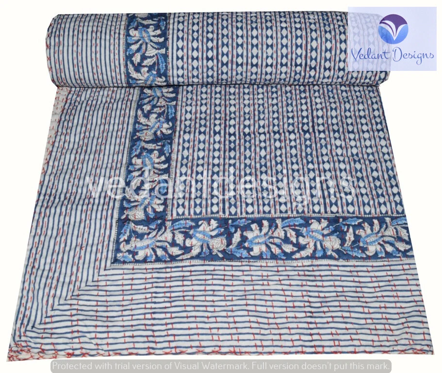 Edredón reversible de lunares hecho a mano Kantha Queen arte indio Foto 1 de 4