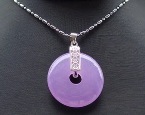 Lavender Purple Jade Circle 925 Sterling Silver Coin Bless Luck Pendant Necklace - Picture 1 of 5