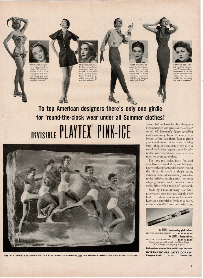 Faja de hielo rosa PLAYTEX 1950 famosas mujeres ropa diseñadores anuncio impreso vintage Foto 1 de 1