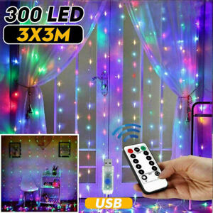 300 LED RGB Curtain Fairy Lights USB String Light Xmas Party Wedding + Remote US