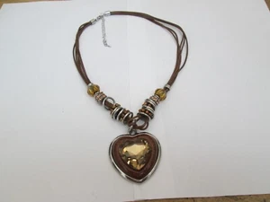 MULTI STRAND BROWN CORD NECKLACE AND LARGE HEART SHAPED PENDANT - Picture 1 of 4