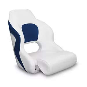 Premium Captain's Flip-Up Bolster Boat Seat, White/Blue Style. Boat Marine Yacht - Picture 1 of 4