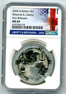 2024 GREAT BRITAIN 1OZ SILVER NGC MS69 BRITANNIA & LIBERTY FR - HEAVY WHITE HAZE - Picture 1 of 2