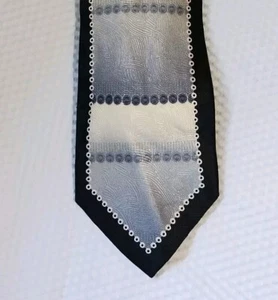 L' Uomo Moda Art Deco Mens Silk Designer Neck Tie Vintage Silver Black Retro 90s - Picture 1 of 10