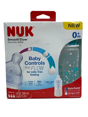 Biberones anticólicos de flujo suave NUK, paquete de 3, 10 oz azul, indicador de temperatura seguro Foto 1 de 3