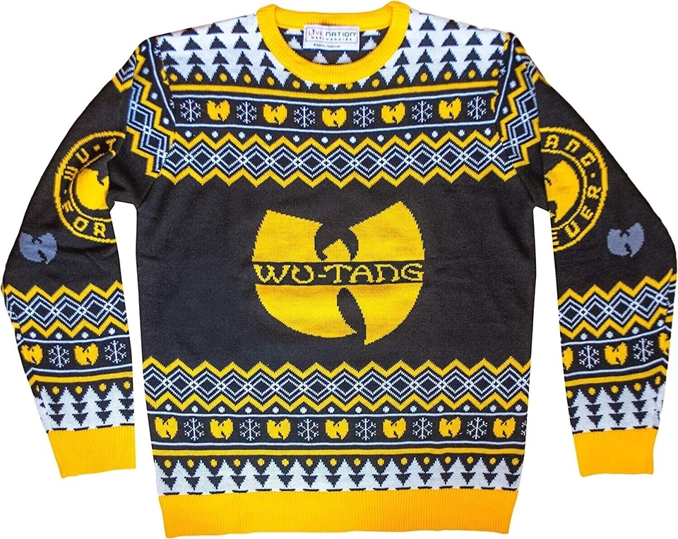 Wu Tang Clan Logo Snowflakes Yellow Black White Ugly Christmas Sweater - Image 1 of 4