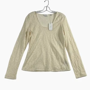 VINCE Leaf Pattern Jacquard Long Sleeve Scoop Neck T Shirt Ivory Womens Large - Picture 1 of 11