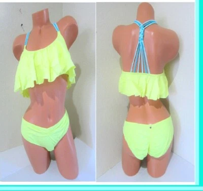Victoria Secret Pink KNOTTED STRAPPY FLOUNCE RUFFLE NEON BIKINI SWIM SUIT SET L - Image 1 of 4