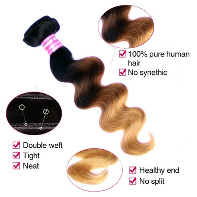Brazilian Virgin Body Wave Wavy Sew In Bundle Ombre 1B/4/27 Black/Brown/Blonde - Image 1 of 4