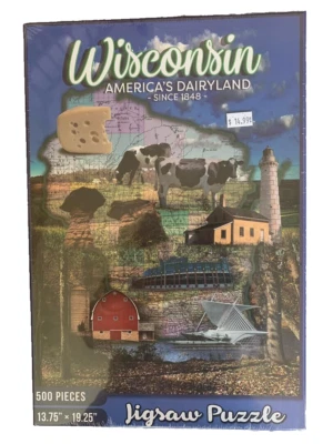Rompecabezas Wisconsin 500 piezas faro de queso vacas granero mapa - Nuevo Foto 1 de 2