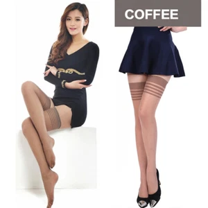 Womens Glossy Ultra-thin Shiny Sheer Lace Top Thigh High Silk Stockings Hold Up" - Picture 1 of 15