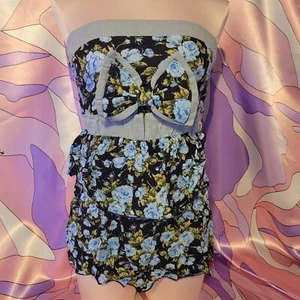 Gyaru Sleeveless Top Blue Floral Ribbon Y2K Kawaii Harajuku Jfashion Pinup Cute - Picture 1 of 10