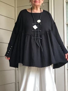 LAGENLOOK ARTSY BOHO GOTHIC PUNK BLACK COTTON GAUZE TUNIC+NECKLACE ONE PLUS SIZE - Picture 1 of 7