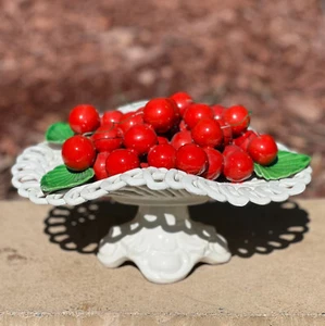 Italy Ceramic Fruit Basket Cherries White Pedestal Italian Glossy 10"x7"x4.5" - Picture 1 of 12