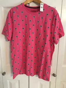 NEU Express Herren rosa blau Palme Stretch Kurzarm T-Shirt Größe Large  - Bild 1 von 5