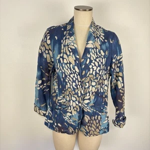 Coldwater Creek Blue Abstract Print Blazer Small Linen Blend Art To Wear - Picture 1 of 9