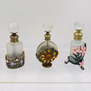 Three Vintage-Inspired Glass Colored Crystals Metal Perfume Bottles Crystal Tops - Picture 1 of 4