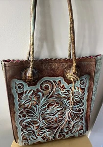 Patricia Nash Turquoise Floral Leather Cavo Boho Tote Bag Purse Hand Tooled - Picture 1 of 14